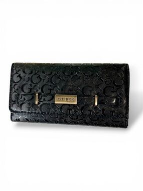 GUESS Black Embossed Logo Continental Wallet with Gold Plaque